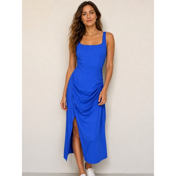 HALARA Dresses & Skirts - Halara Softlyzero Airy Royal Blue Ruched Side Slit Midi Dress Large NWT